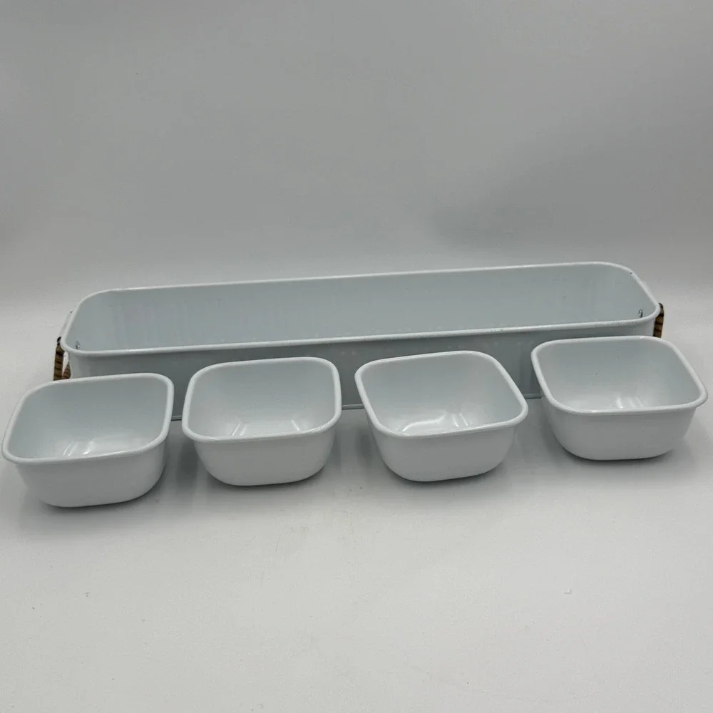 White Enamel Metal Condiment Server Set 4 Bowls Rectangular Tray Rattan Handles